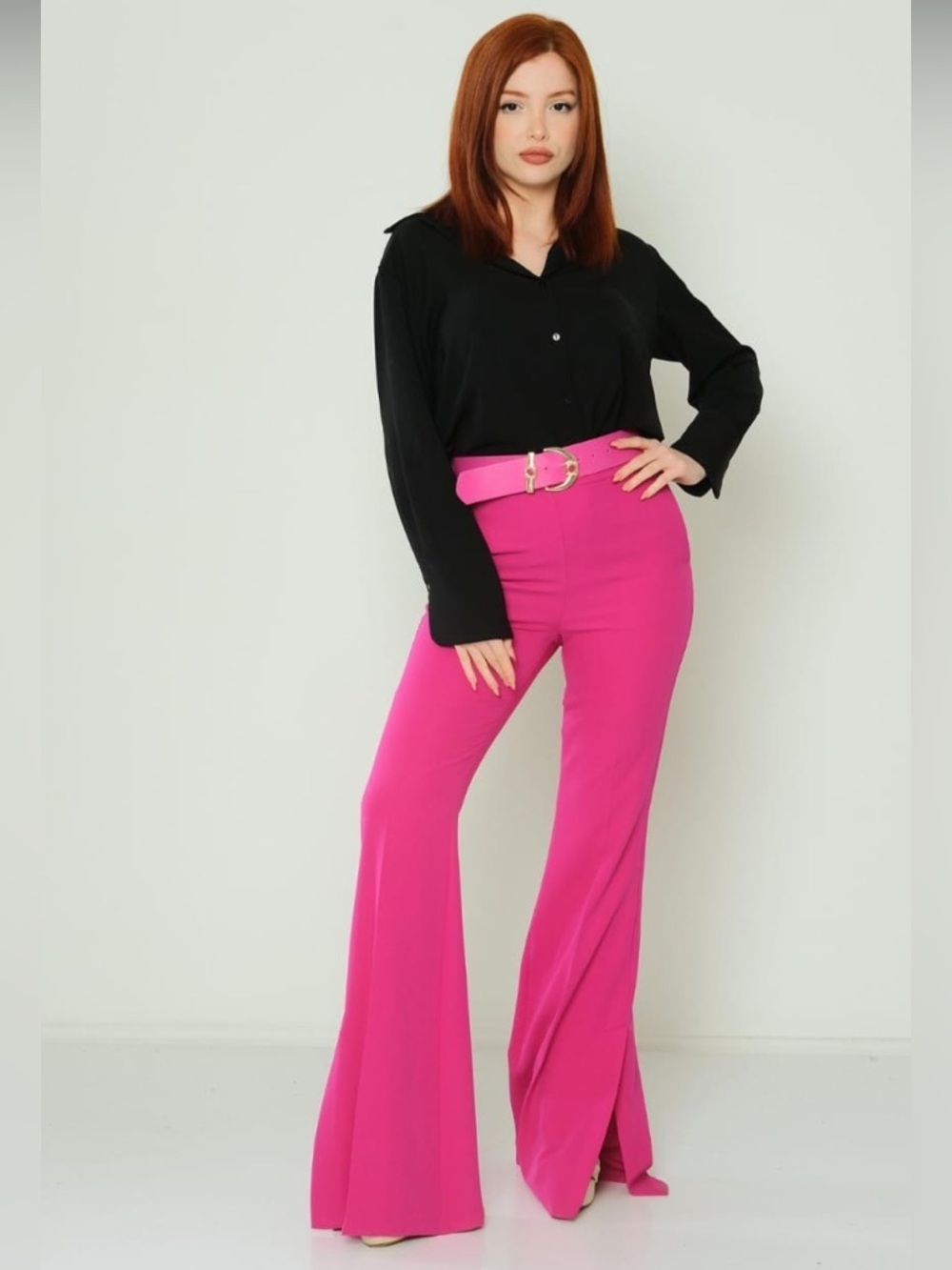 High-Waist Hot Pink Flared Pants with Matching Belt